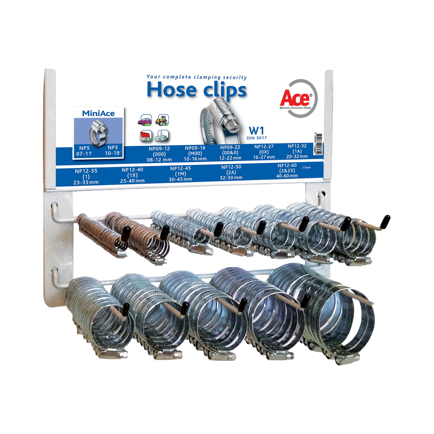 Ace W1 Hose Clip Stand with Clips 140pc Set Zinc Plated Steel Band 5/9/12mm Qty 1 Set