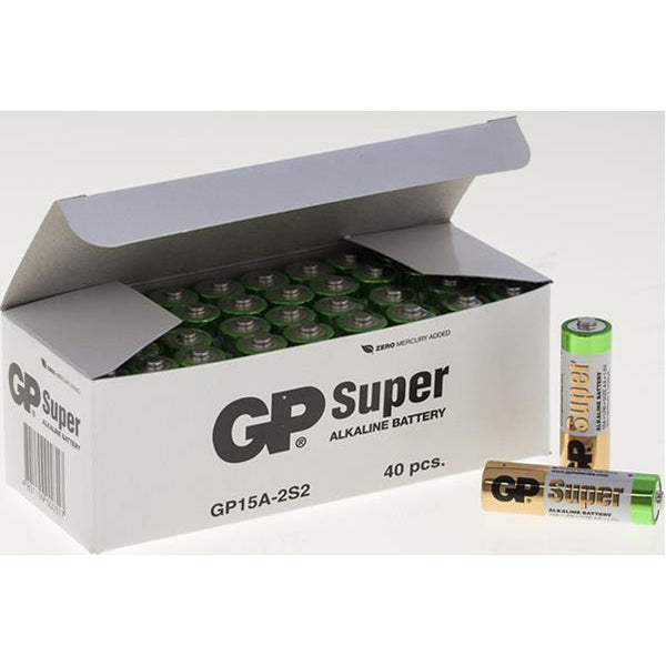 GP Super Alkaline Battery - Size AA, 1.5V (MN1500, LR6) Box of 20 x 2