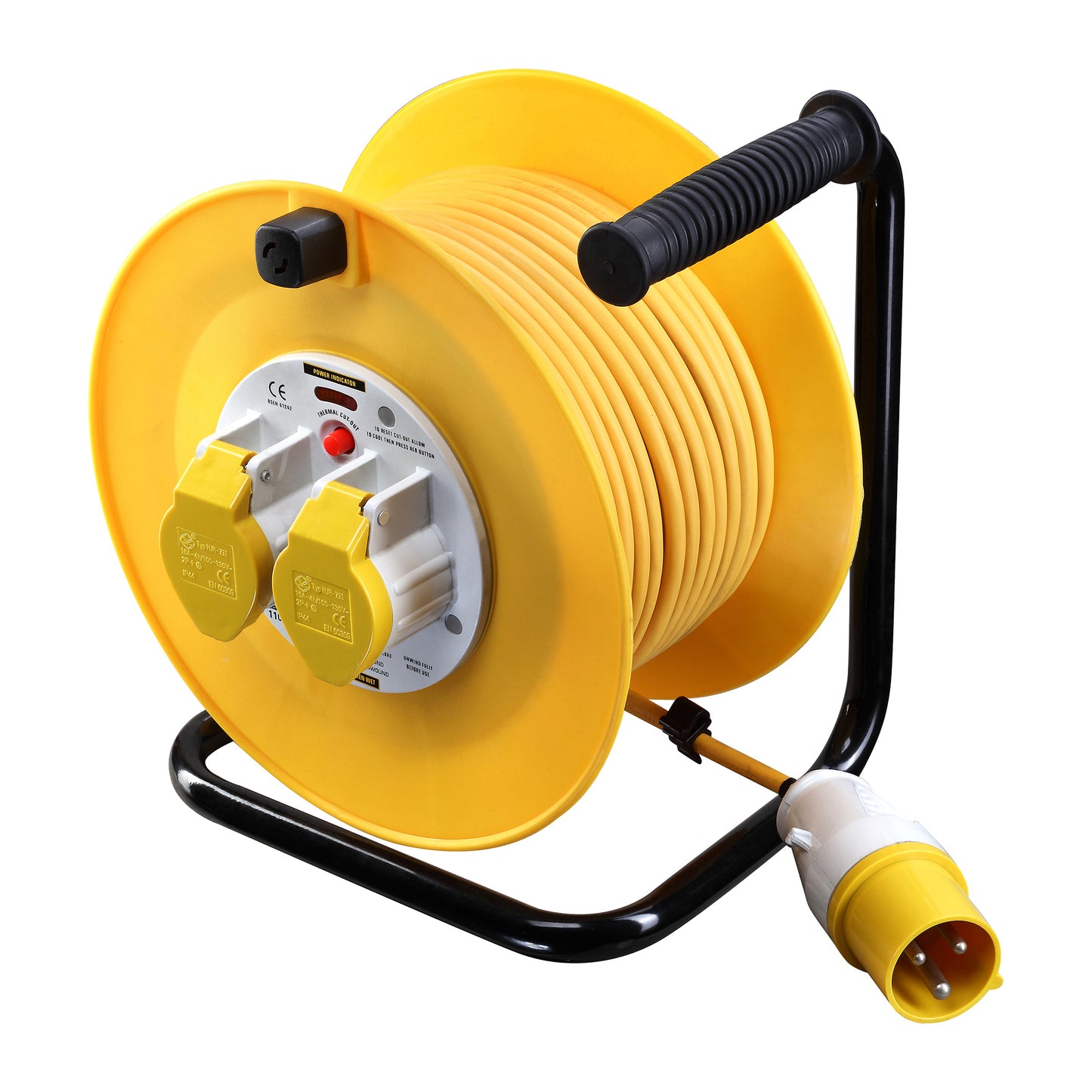 110V Cable Reel 25m 16A BS EN60309 Heavy Duty Yellow Cable Thermal Cut-Out Qty 1