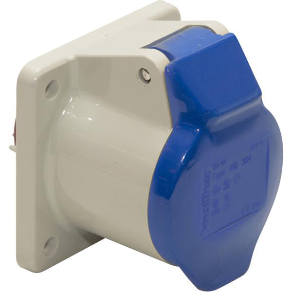 240V Panel Socket - 16A, Blue, Large Flange 75mm², IP44 Rated, 200–250V Pack of 1