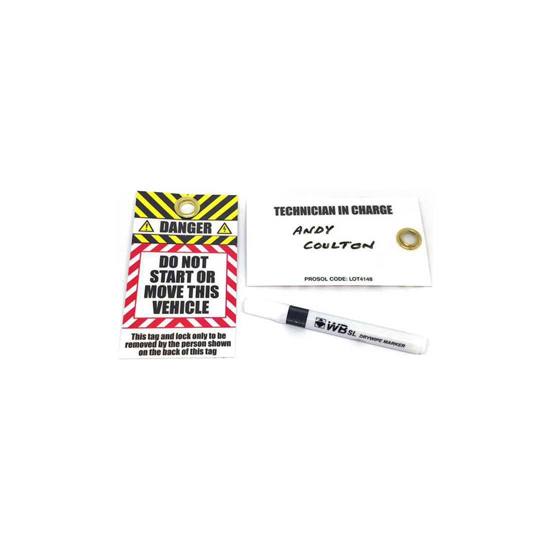 EV Reusable Padlock Lockout Tags - 140 x 80mm, Gloss PVC, Brass Eyelet, With Dry Wipe Marker Pen Pack of 5