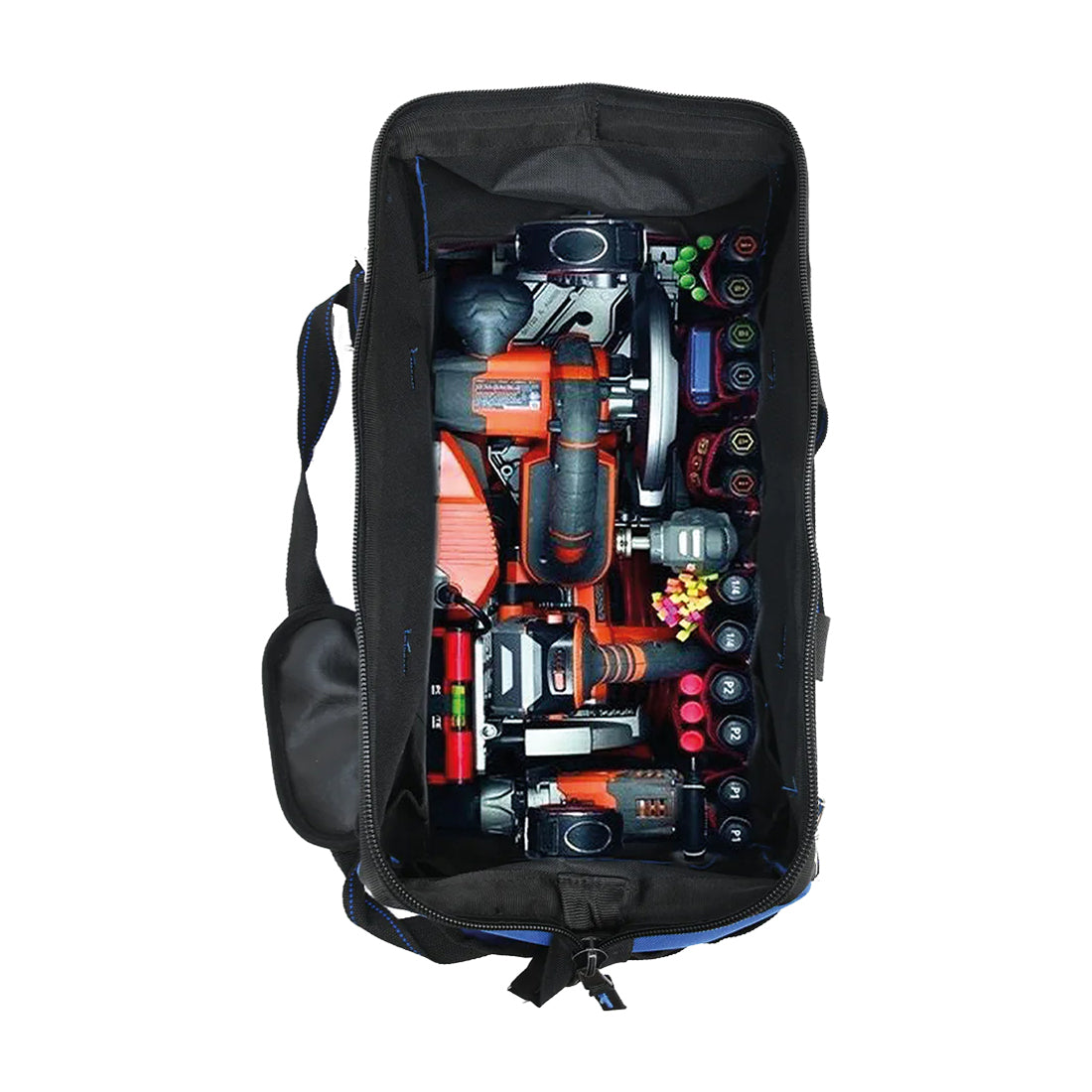 RG TOOLS Big Mouth Tool Bag 31 Pockets Hard Bottom Reinforced Handles Adjustable Strap Qty 1