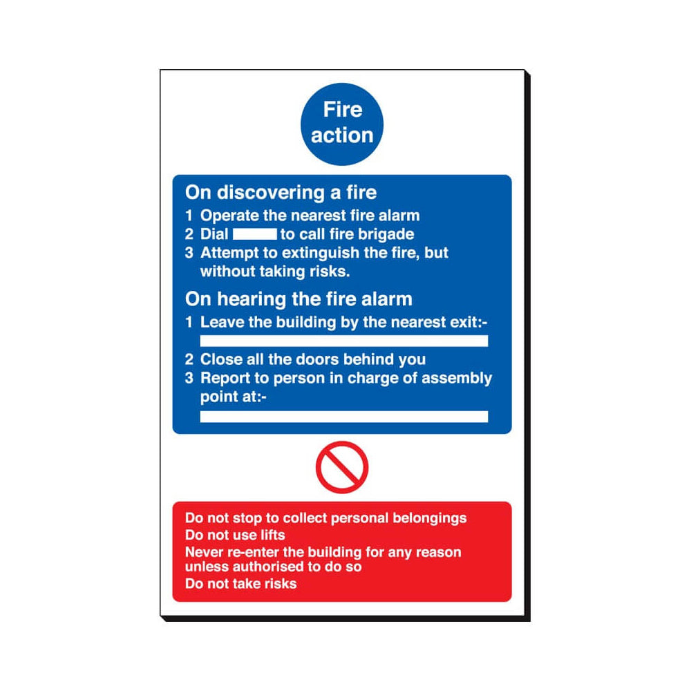 Fire Action Safety Sign 240x360mm Waterproof 3 mm Foamex Board Qty 1
