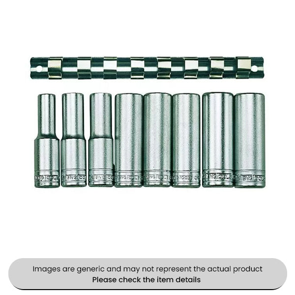 Chrome Vanadium Steel Socket Clip Rail 1/2" Drive Deep, 8 Piece Pack Qty 1