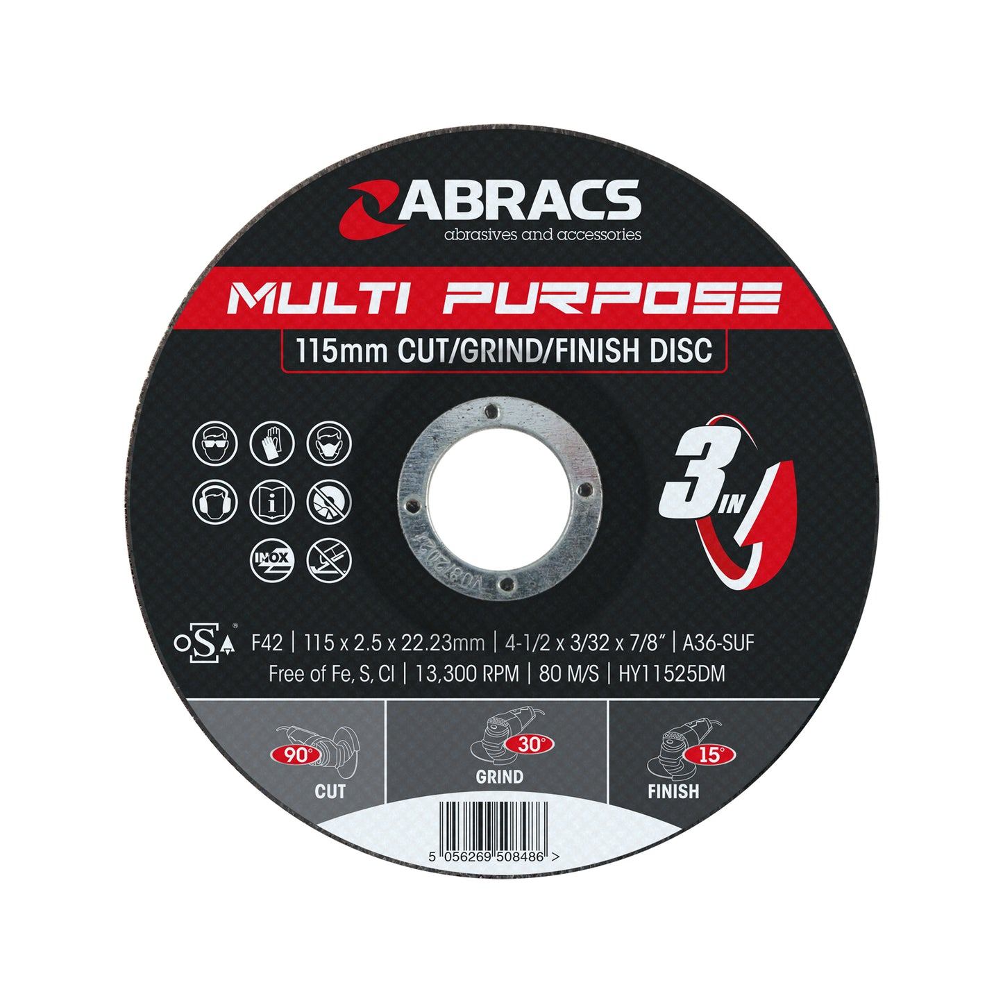 Abracs Hybrid 3-in-1 Disc 115x2.5x22mm Cutting Grinding Finishing Max RPM 13300 Pack of 10
