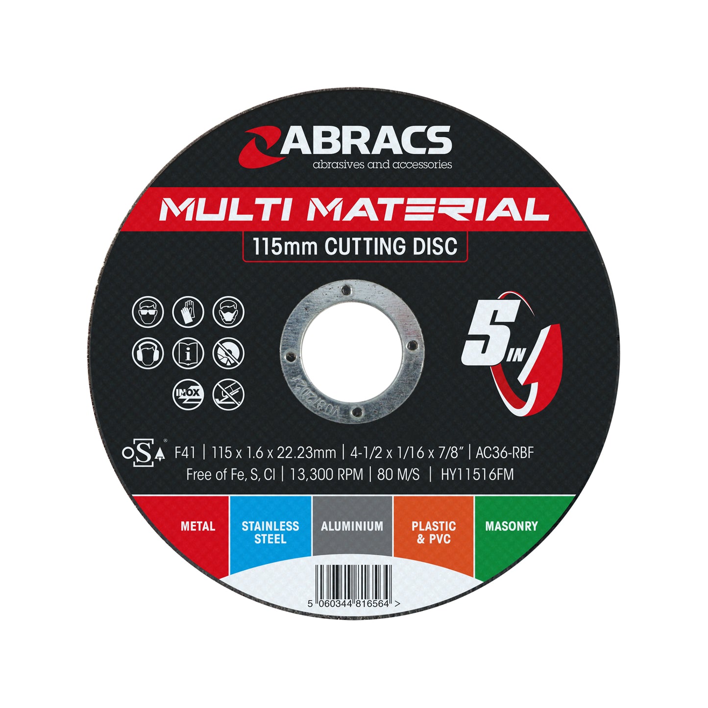 Abracs Hybrid 5-in-1 Disc 115x1.6x22mm Multi Material Cutting Max RPM 13300 Pack of 10