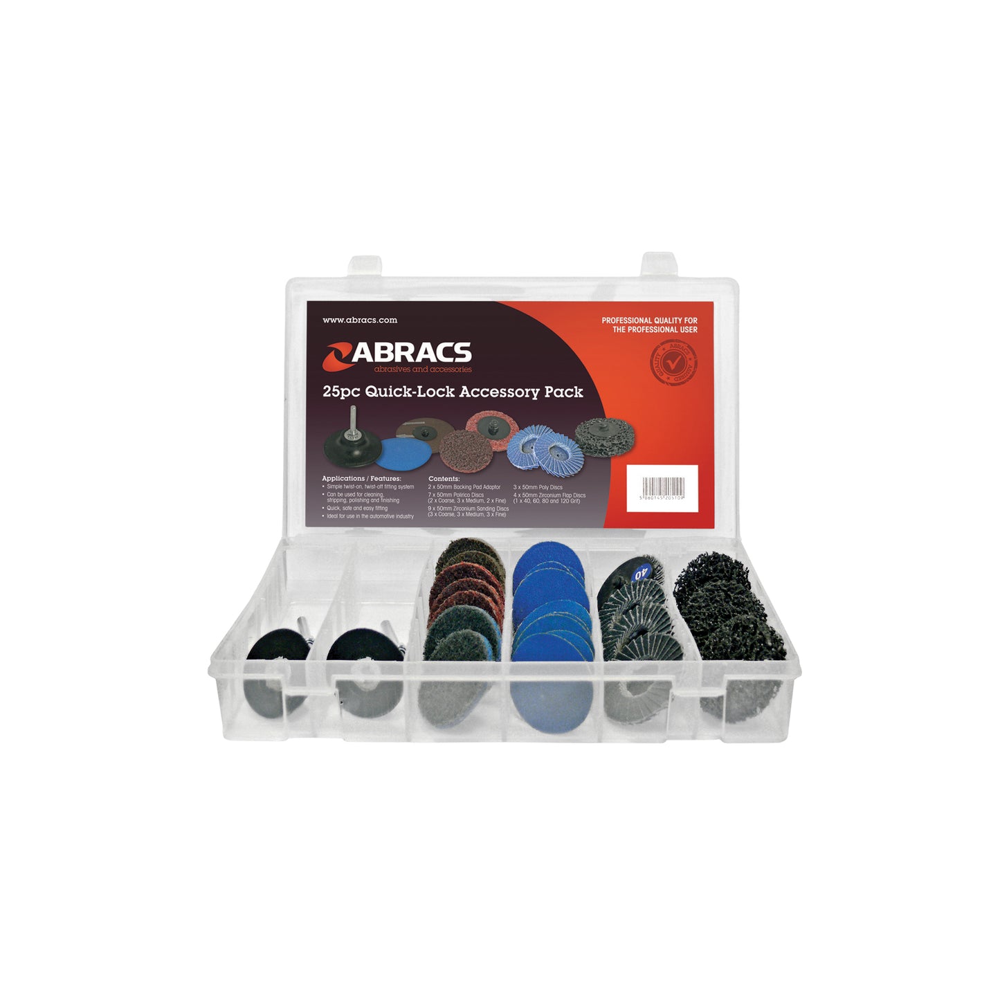 Abracs Quick-Lock Disc Set 50mm 25pc Sanding Polishing Conditioning Max RPM 25000 Qty 1 Set