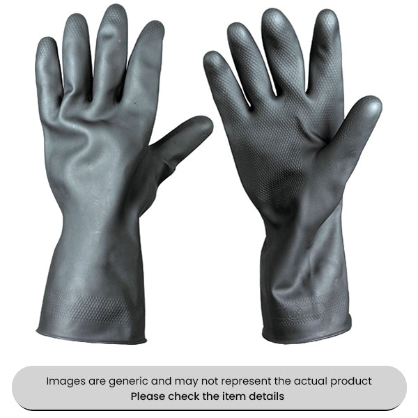Heavyweight Black Rubber Gloves With Flock Lining & Patterned Grip Pack Qty 1