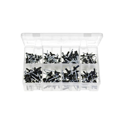 Rivets Aluminium Black - Box of 200, Black Anodised, Mixed Sizes (3.2–4.8mm, Standard & Large Flange) Box of 200 Pieces