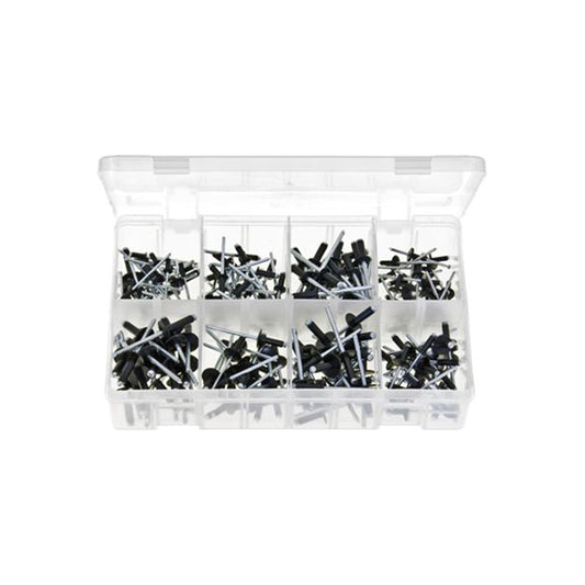 Rivets Aluminium Black - Box of 200, Black Anodised, Mixed Sizes (3.2–4.8mm, Standard & Large Flange) Box of 200 Pieces
