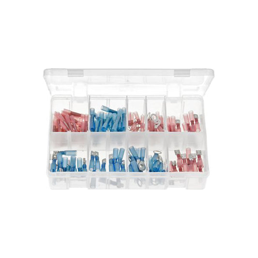 Heat Shrink Terminals Assorted Red & Blue Box 130 Pieces (Push?Ons, Rings, Butt Connectors) Box of 130 Pieces