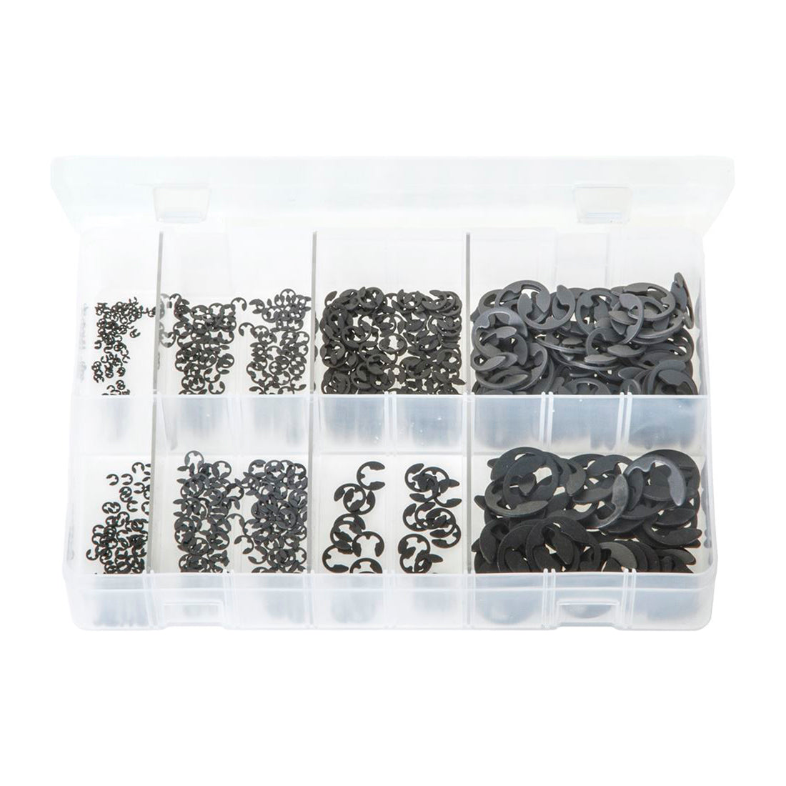 E?Retainers Metric Assortment - Box of 725 Pieces, 8 Sizes (1.7–15.5mm), DIN 6799 Box of 725 Pieces