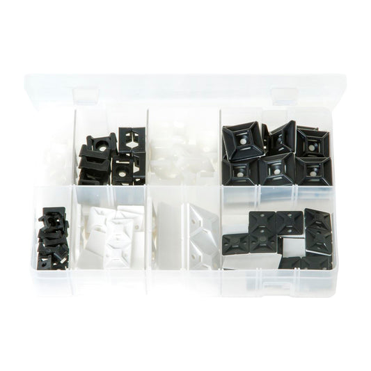 Cable Tie Bases & Cradle Mounts - 120 Piece Assortment, Black & White Box of 120 Pieces