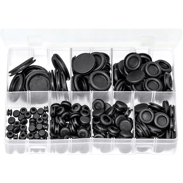 Blanking Grommets Assortment - 220 Pieces, Black PVC, 7 Sizes (6.4–31.7mm Holes) Box of 220 Pieces