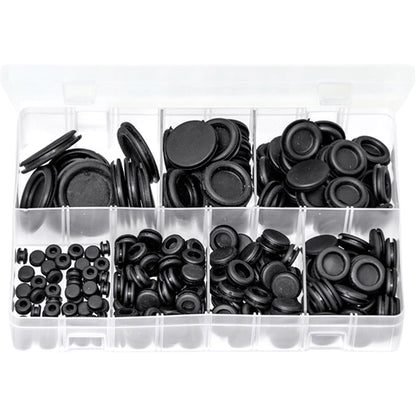 Blanking Grommets Assortment - 220 Pieces, Black PVC, 7 Sizes (6.4–31.7mm Holes) Box of 220 Pieces