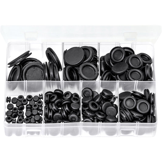 Blanking Grommets Assortment - 220 Pieces, Black PVC, 7 Sizes (6.4–31.7mm Holes) Box of 220 Pieces