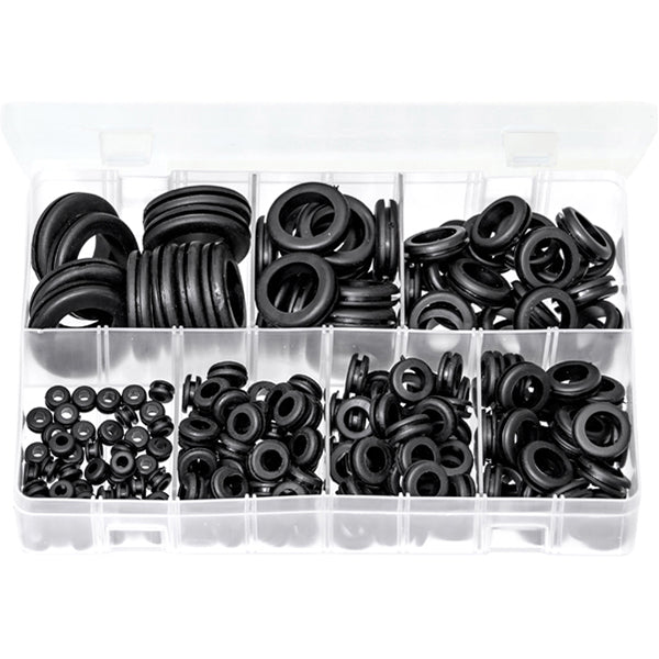 Wiring Grommets Assortment - 220 Pieces, Black PVC, 7 Sizes (6.4–31mm Holes) Box of 220 Pieces