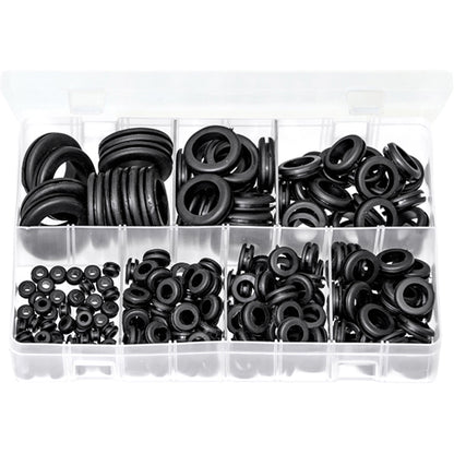 Wiring Grommets Assortment - 220 Pieces, Black PVC, 7 Sizes (6.4–31mm Holes) Box of 220 Pieces