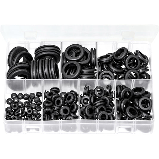 Wiring Grommets Assortment - 220 Pieces, Black PVC, 7 Sizes (6.4–31mm Holes) Box of 220 Pieces