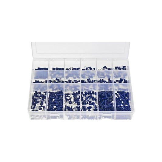 Insulated Blue Terminals Assorted Box 600 Pieces (Push?Ons, Piggyback, Bullet, Rings, Butt, Forks) Box of 600 Pieces