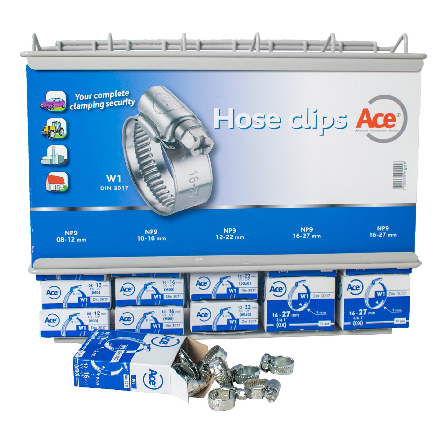 Ace W1 Chimney Box Hose Clip Dispenser 270pc Set 9mm Band DIN3017 Qty 1 Set