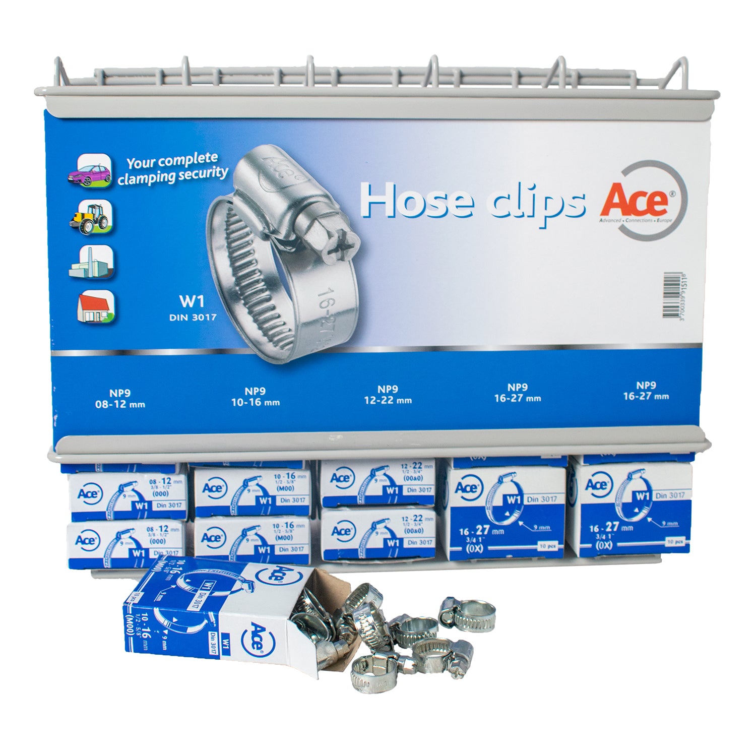Ace W1 Chimney Box Hose Clip Dispenser 270pc Set 9mm Band DIN3017 Qty 1 Set