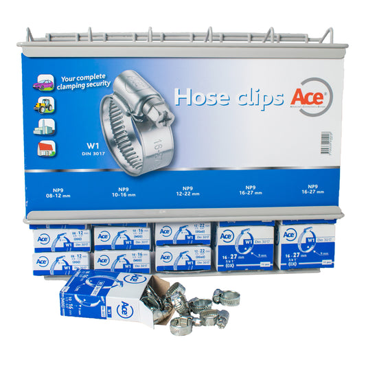 Ace W1 Chimney Box Hose Clip Dispenser 270pc Set 9mm Band DIN3017 Qty 1 Set