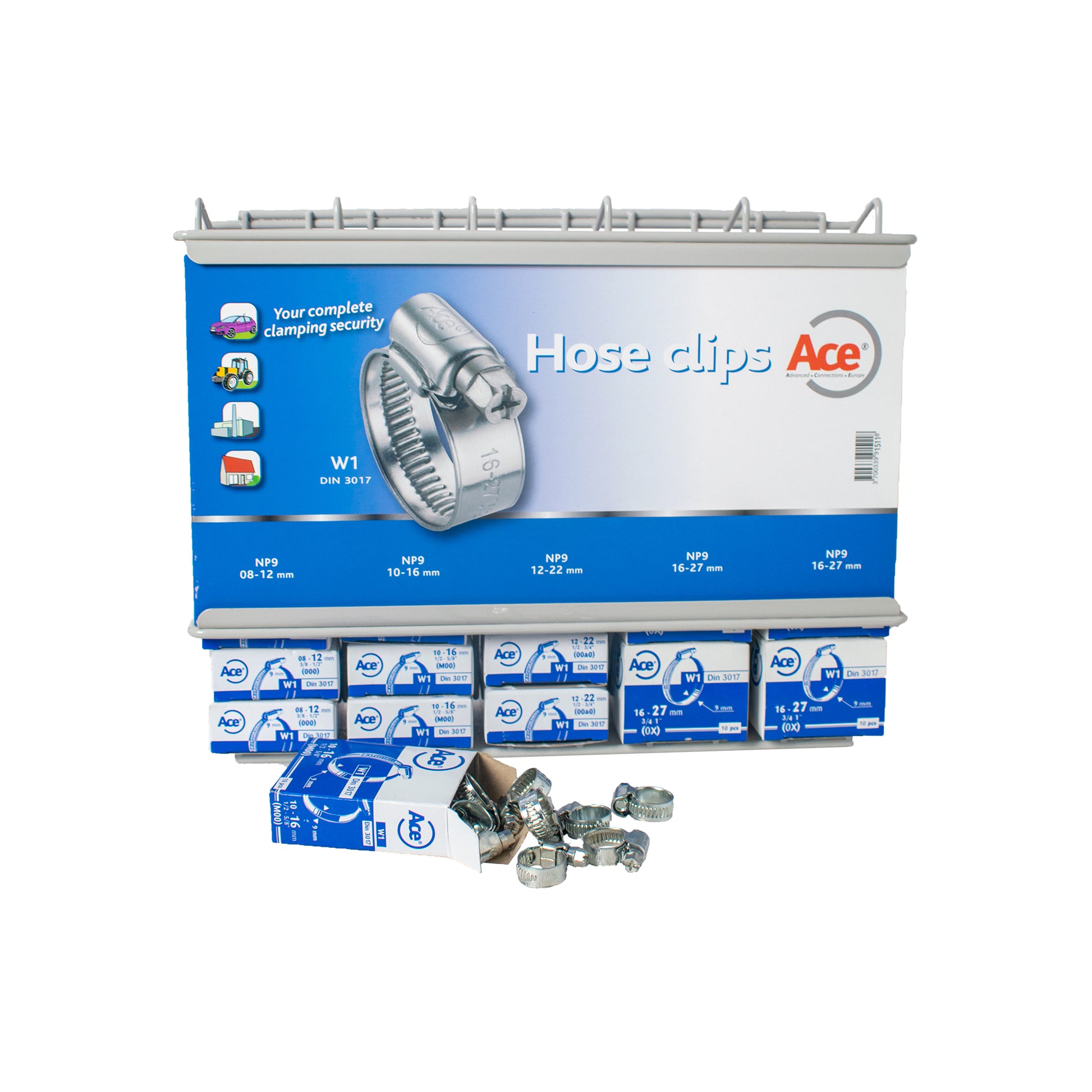Ace W1 Gravity Fed Hose Clip Dispenser 250pc Set 9mm Band DIN3017 Qty 1 Set