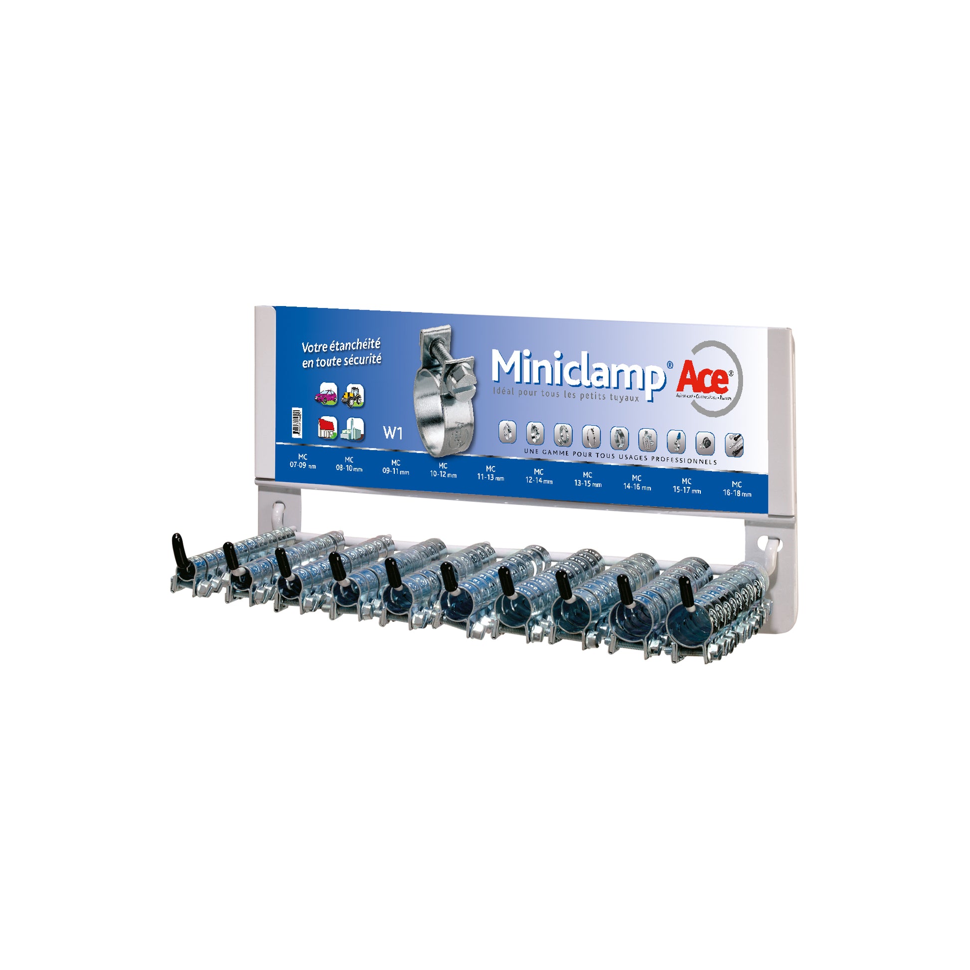 Ace W1 Mini Clamp Dispenser Rack 100pc Set Zinc Plated Steel 9mm Band Qty 1 Set