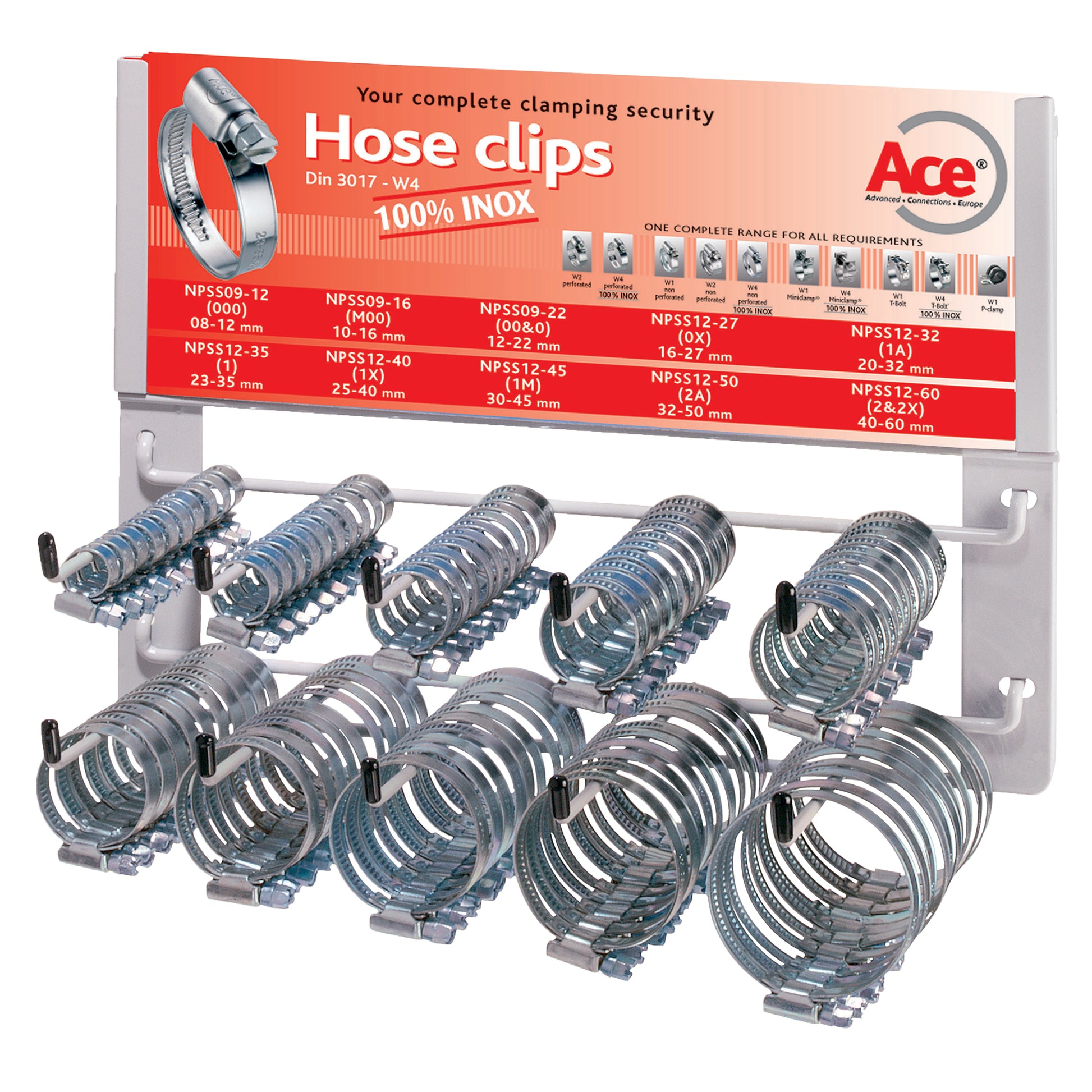 Ace W4 Inox Hose Clip Dispenser Rack 100 Piece Set Stainless Steel AISI 304 Band 9/12mm Qty 1