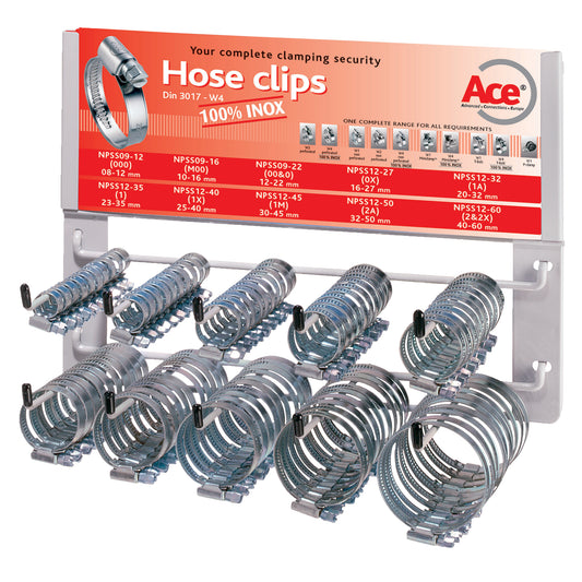 Ace W4 Inox Hose Clip Dispenser Rack 100 Piece Set Stainless Steel AISI 304 Band 9/12mm Qty 1