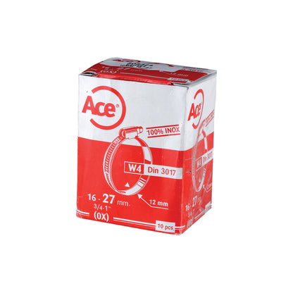 Ace W4 British INOX Hose Clips 12mm Heavy Duty 27 Stainless Steel Pack of 10