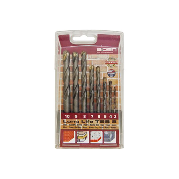 Alpen Masonry Drill Bit Set 8pc Metric Sizes 3-10mm Plastic Case Durable Qty 1 Set