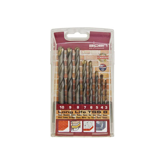 Alpen Masonry Drill Bit Set 8pc Metric Sizes 3-10mm Plastic Case Durable Qty 1 Set