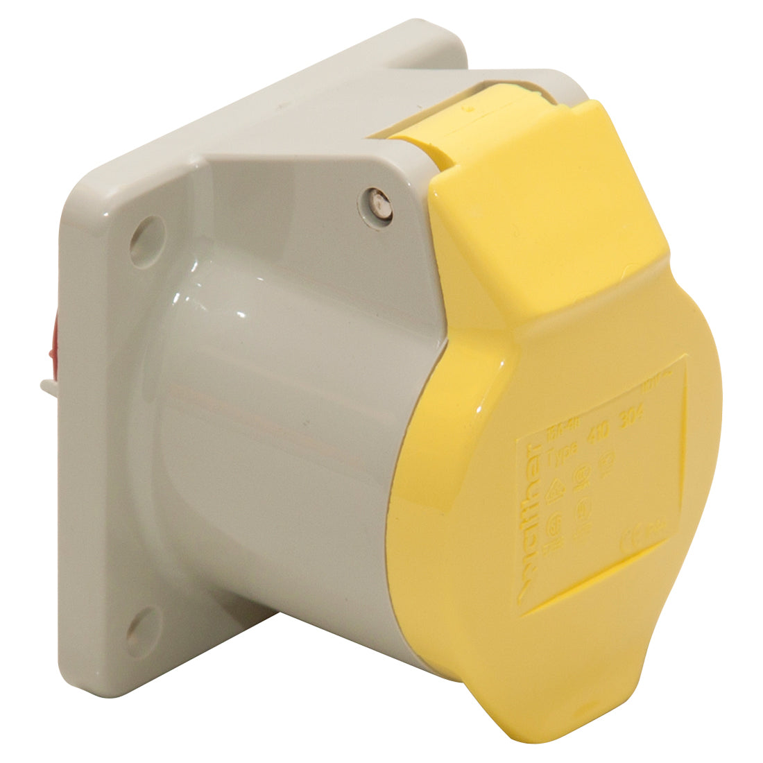 110V Panel Socket - 16A, Yellow, Flange 60mm², IP44 Rated, 100–130V Pack of 1