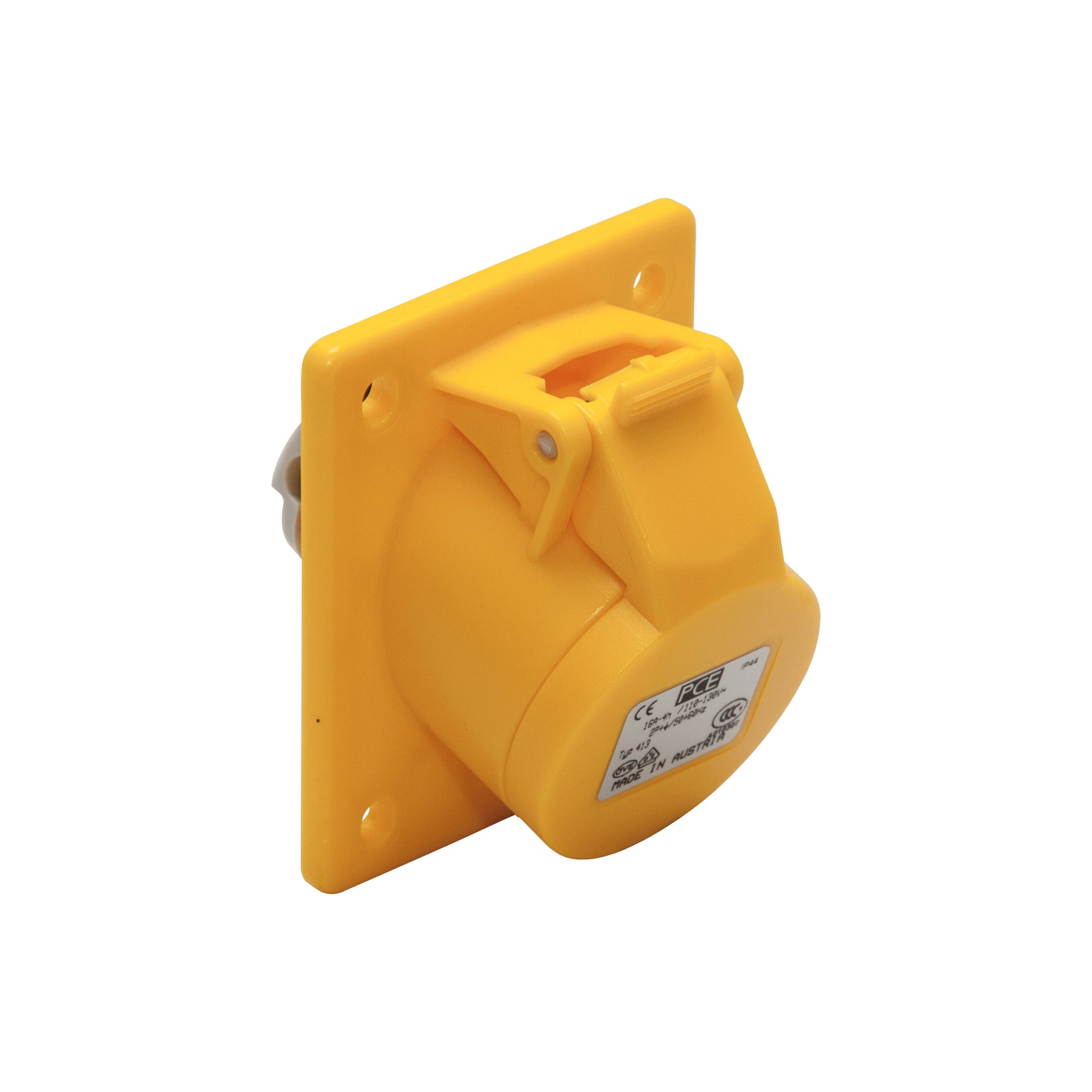 110V Angled Panel Socket - 16A, Yellow, Flange 70x85mm, IP44 Rated, 100–130V Pack of 1
