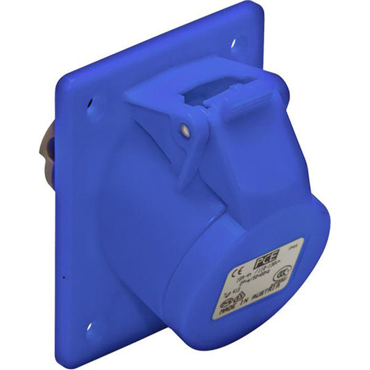 240V Angled Panel Socket - 16A, Blue, Flange 74x62mm, IP54 Rated, Quick Connect, 200–250V Pack of 1