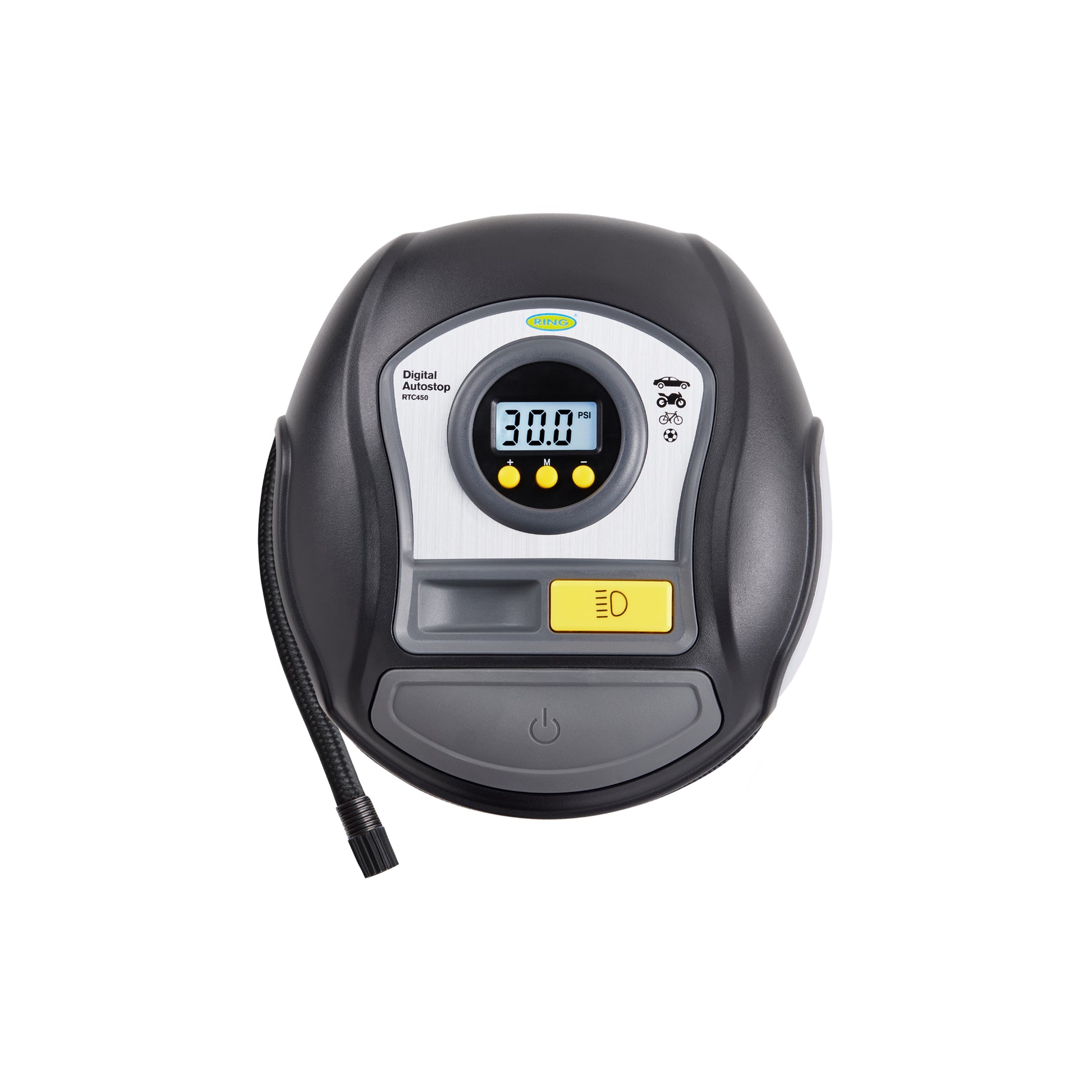 RING Digital Auto?Stop Tyre Inflator - 12V, 3.5 Minute Inflation, LED Light, 3m Cable Qty 1