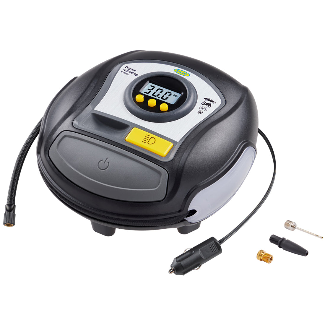 RING Digital Auto Stop Tyre Inflator 12V 3.5 Minute Inflation LED Light 3m Cable Qty 1