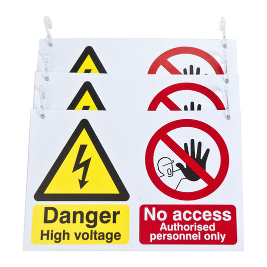 EV High Voltage Signs - For Barrier Chains, 300 x 200mm, Lightweight Polymer Panel with Mounting Hooks Pack of 3