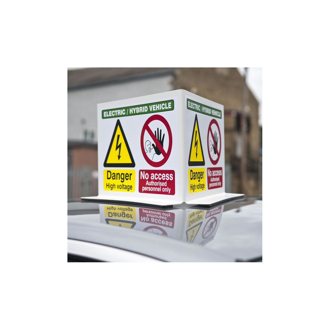 EV Roof Top Warning Sign - 310 x 235mm, 3?Sided, Rigid Plastic, Foam Feet Protection, Hi?Vis for EV/Hybrid Qty 1