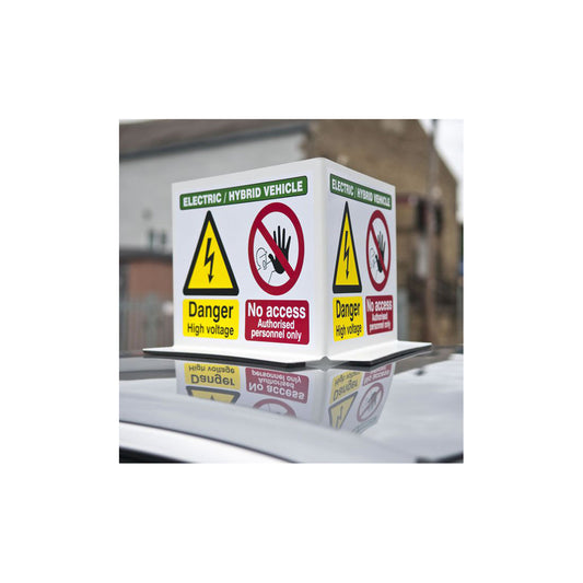 EV Roof Top Warning Sign - 310 x 235mm, 3?Sided, Rigid Plastic, Foam Feet Protection, Hi?Vis for EV/Hybrid Qty 1