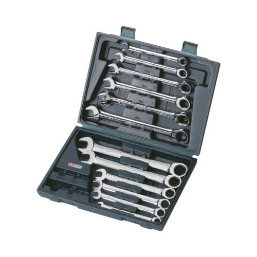 KS GEARplus Ratcheting Combination Spanner Set - 12 Piece, Sizes 8–19mm, Chrome Plated, 72?Tooth Ratchet, Supplied in Case Qty 1 Set