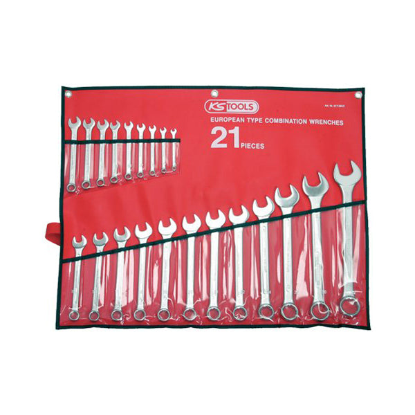KS Combination Spanner Set - 21 Piece, Sizes 6–32mm, Chrome Vanadium, Satin Finish, Supplied in Heavy Duty Pouch Roll Qty 1 Set