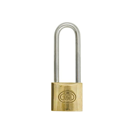 Brass Padlock - Long Shackle, 50mm Size, Hardened Steel Clasp, Supplied with 3 Keys Pack of 2