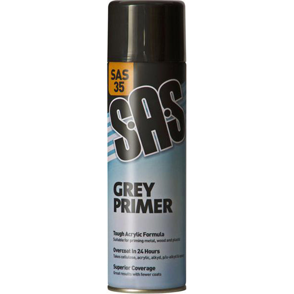 SAS Grey Primer - 500ml Aerosol, Tough Acrylic Formula, For Metal, Wood & Plastic Pack of 6