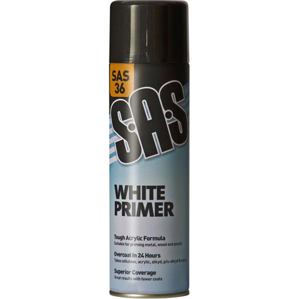 SAS White Primer - 500ml Aerosol, Tough Acrylic Formula, For Metal, Wood & Plastic Pack of 6