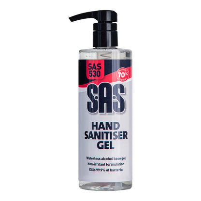 SAS Hand Sanitiser Gel 500ml Dispenser Bottle Waterless Alcohol Base Kills 99.9% Bacteria Qty 1