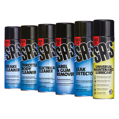 SAS Cleaning Pack - Assorted 6 x 500ml Aerosols, Includes Brake Cleaner, Electrical Cleaner, Leak Detector & More Set of 6