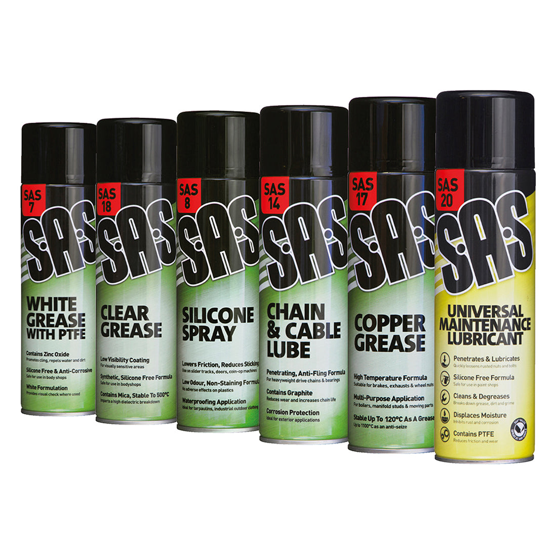 SAS Lubricant Assorted Pack - 6 x 500ml Aerosols, Includes White Grease, Silicone Spray, Chain Lube & More Set of 6